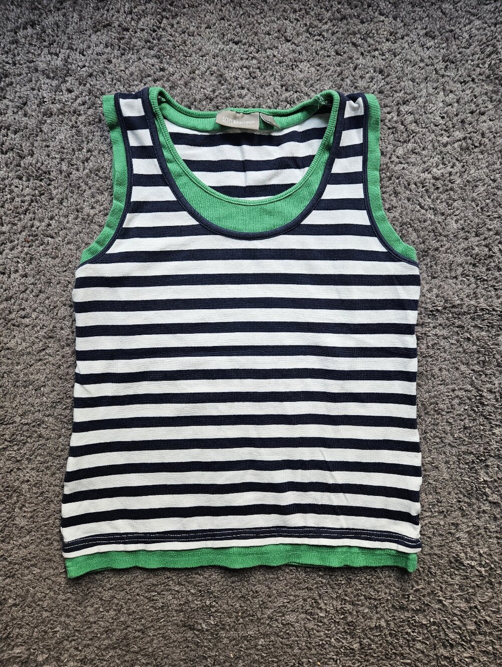 Vintage Striped Navy & White Tank with Green Trim